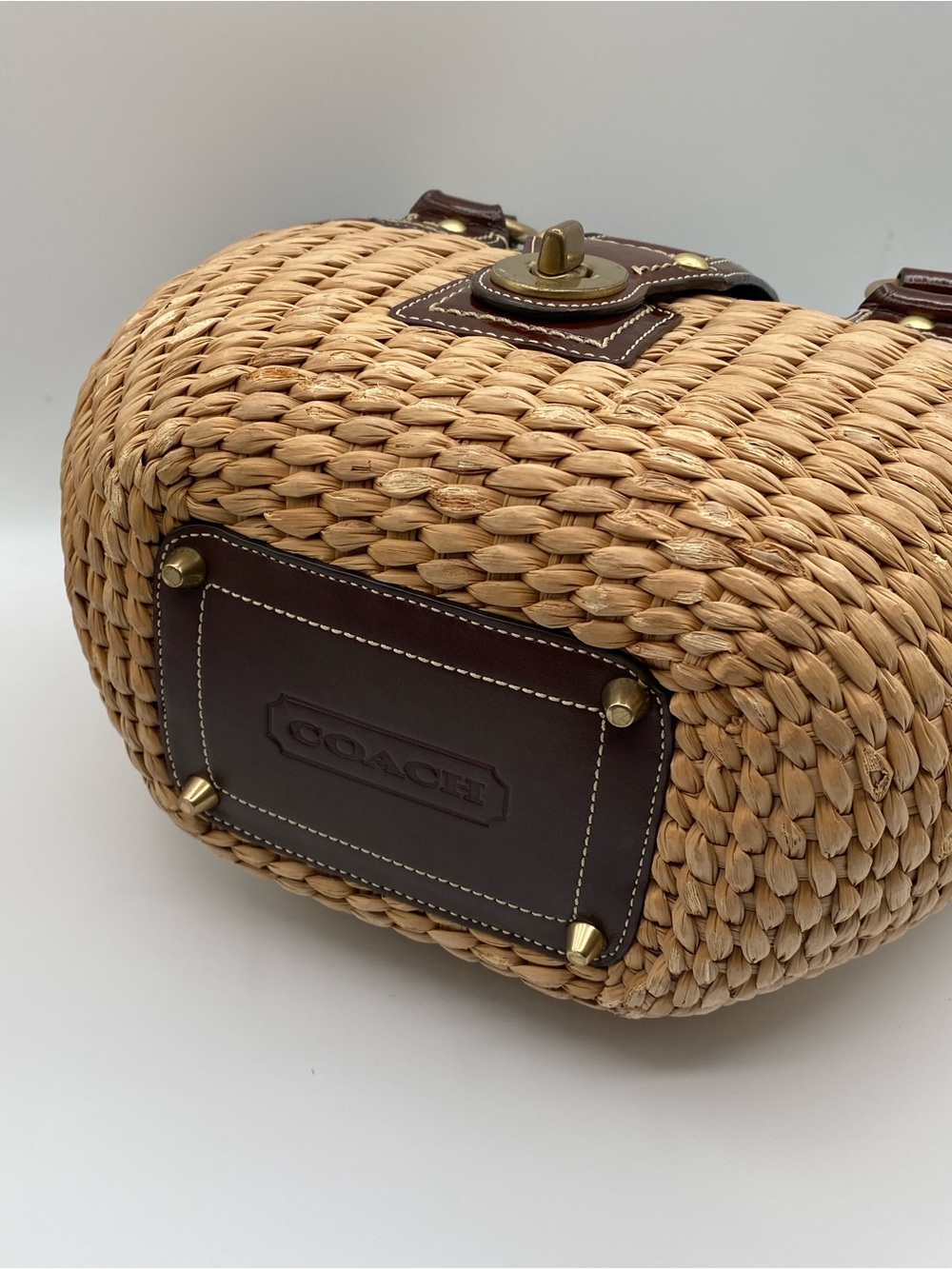 Coach Tan Woven Straw Tote with Dark Brown Leather Trim - Picture 7 of 16